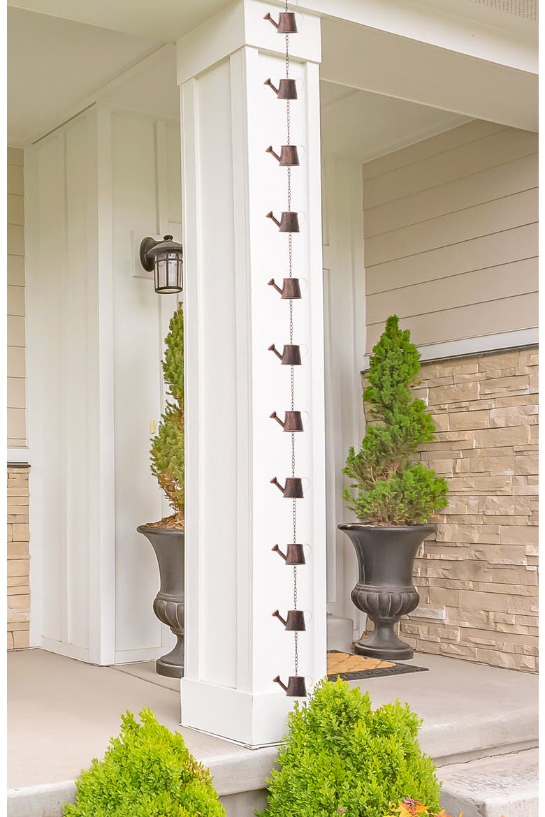 8.5ft 11-Piece Faux Copper Watering Pot Rain Chain with V-Shaped Gutter Clip, Alternate, color, Brown