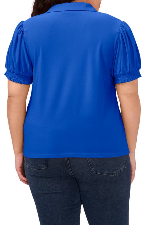 Cece Puff Sleeve Spread Collar Crepe Knit Top In Dp Royal Blue