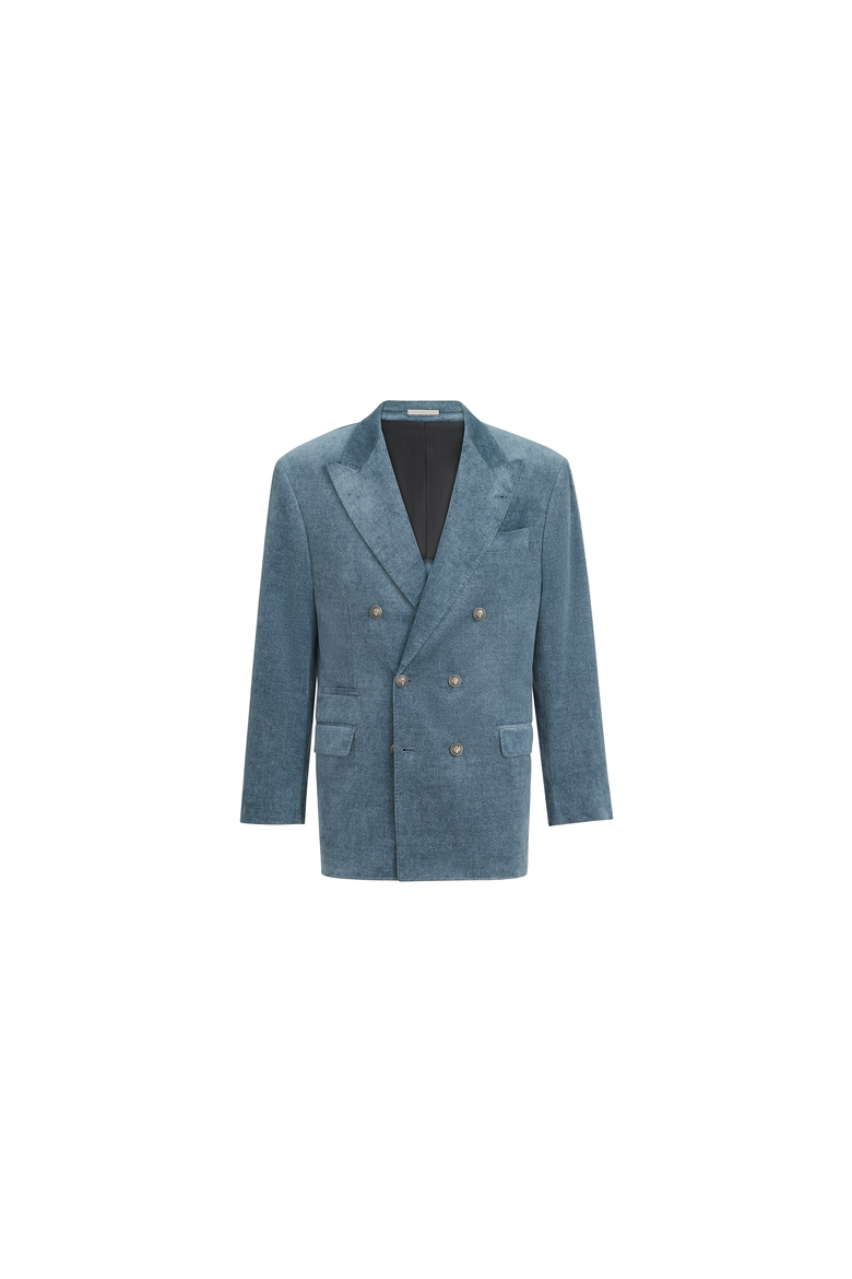 Denim-effect cotton velvet one-and-a-half breasted Tailor blazer with metal buttons, Alternate, color, Cerulean