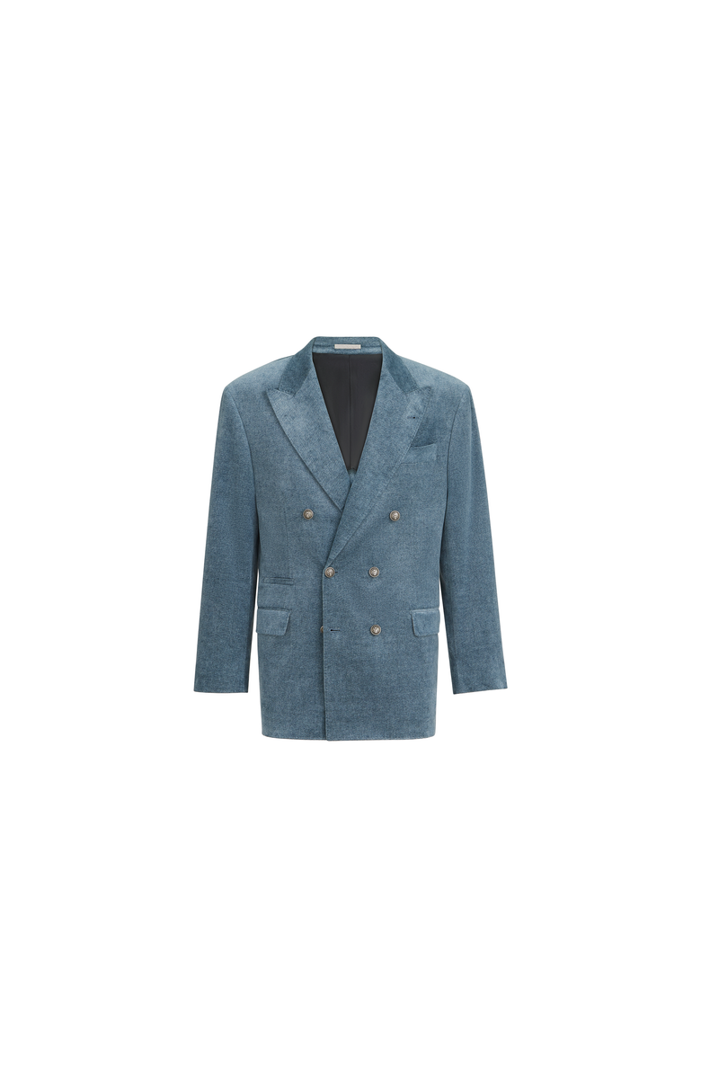 Brunello Cucinelli Denim-effect cotton velvet one-and-a-half breasted Tailor blazer with metal buttons, Alternate, color, Cerulean