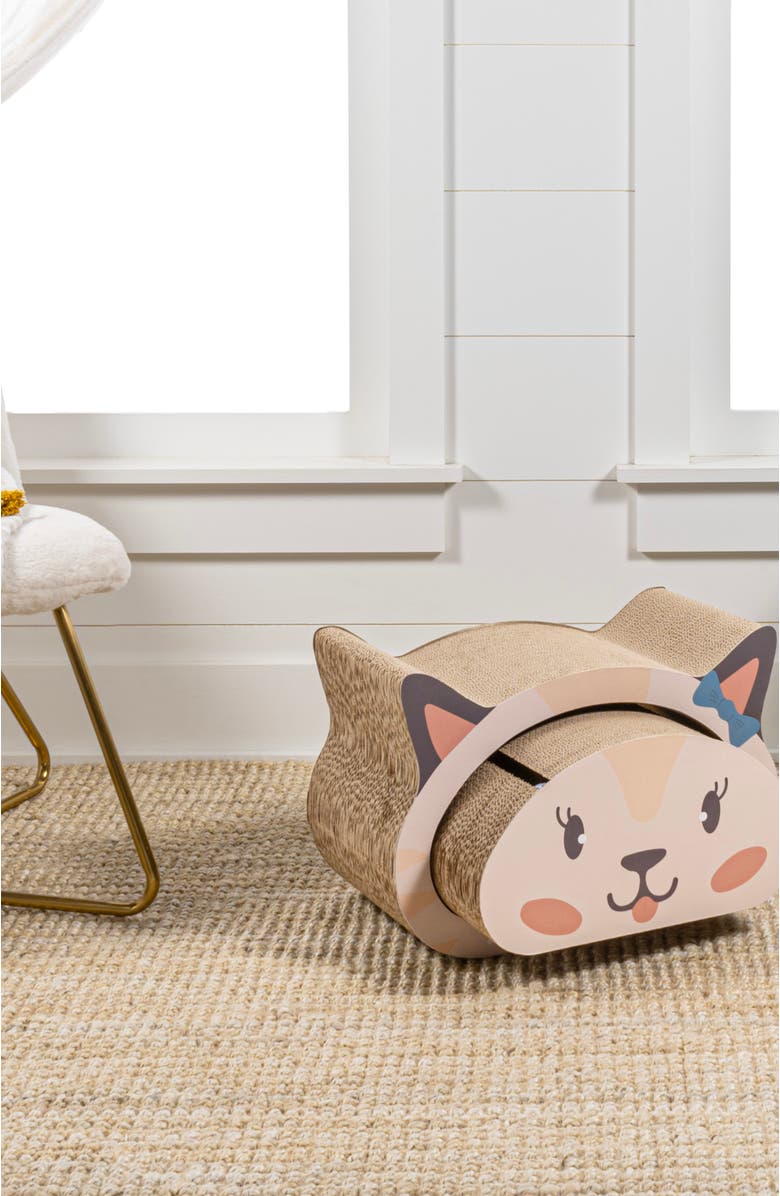 The Licker Store Opal Modern Cardboard Happy Cat Head 2-in-1 Cat Cave Scratcher with Built-In Bell Toys and Catnip, Alternate, color, Cream/Peach