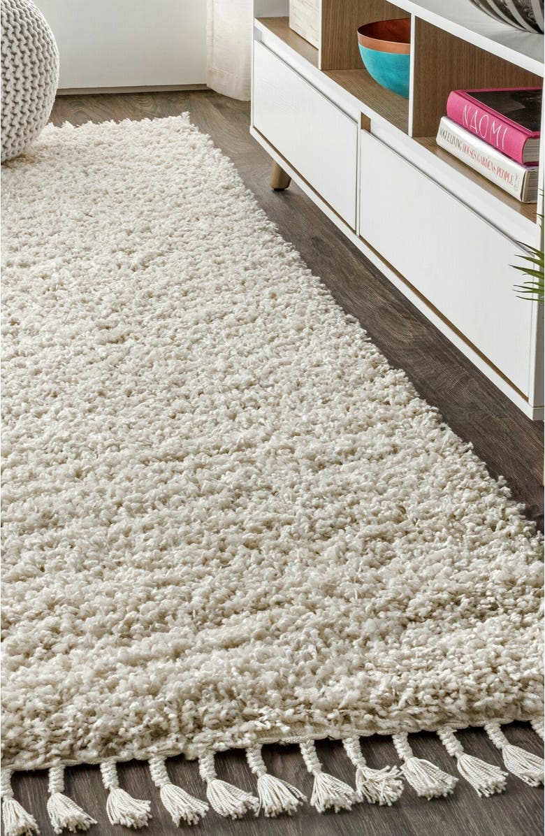 JONATHAN Y Mercer Shag Plush Tassel Moroccan Geometric Area Rug, Alternate, color, Gray/Ivory