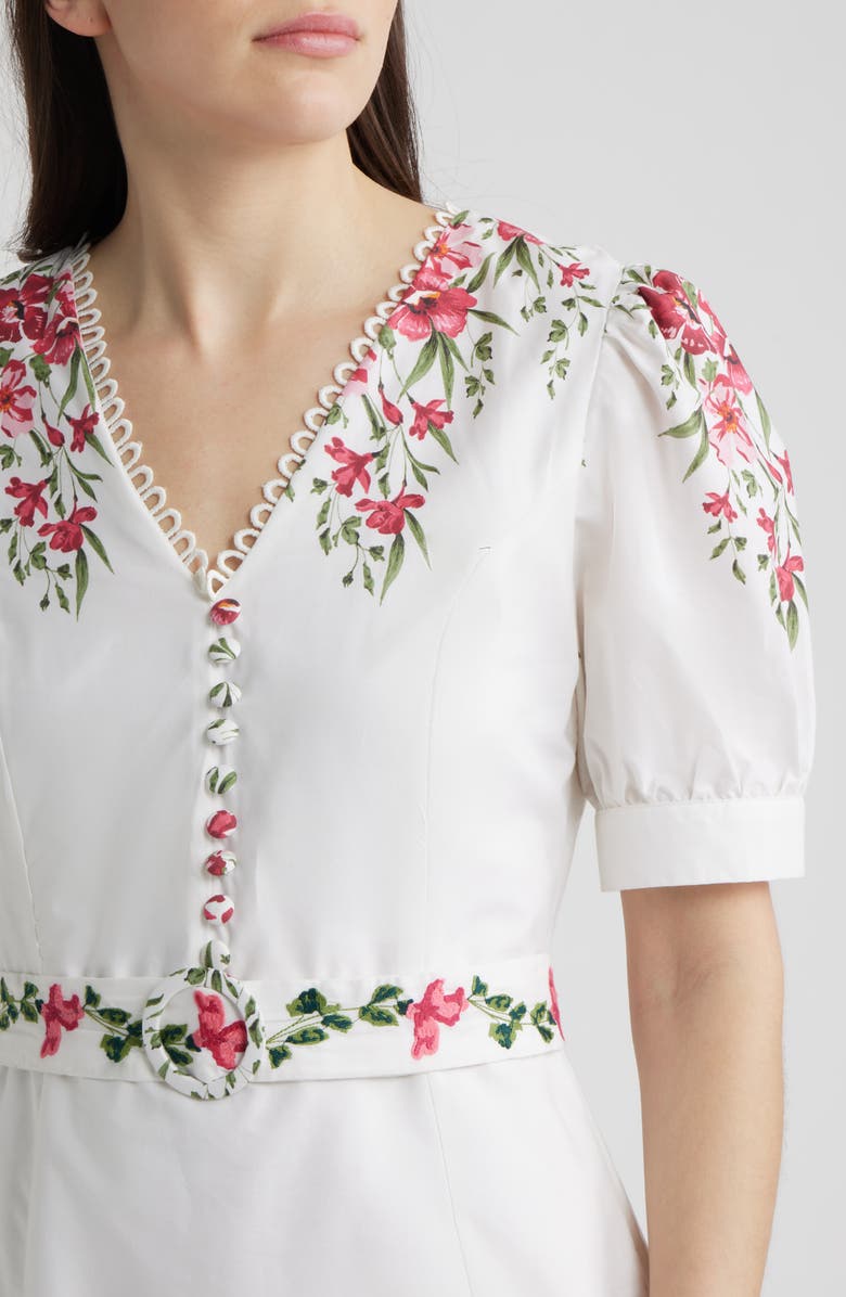 CeCe Floral Belted Puff Sleeve Midi Dress, Alternate, color, Ultra White
