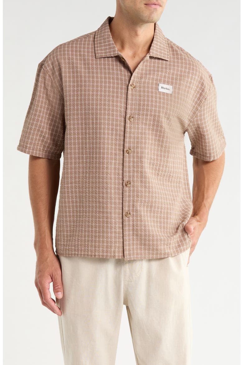 Frequency Check Short Sleeve Cotton Seersucker Button-Up Shirt, Main, color, CARAMEL