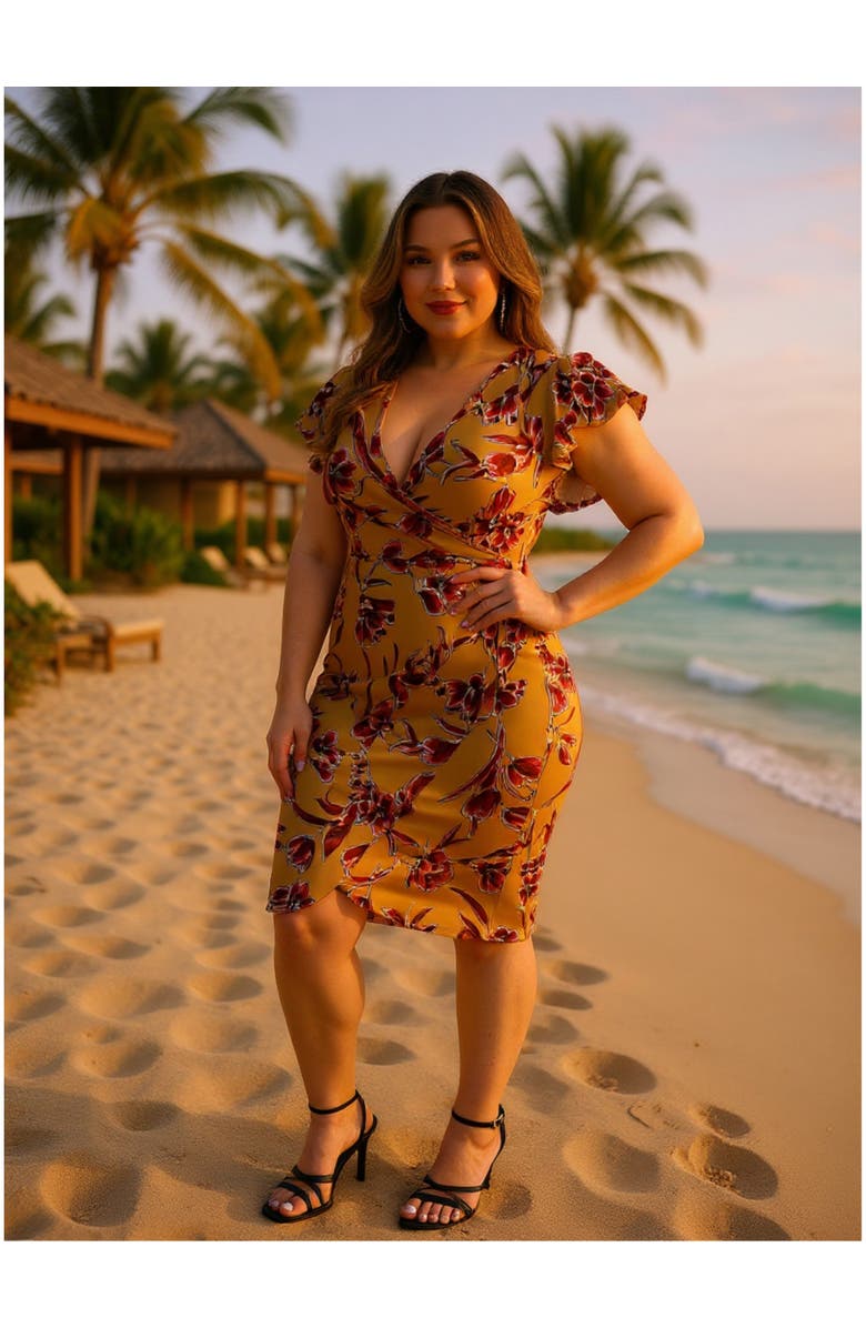 24seven Comfort Apparel Curvy Essential Flutter Sleeve Faux Wrap Knee Length Dress, Alternate, color, Beige Multi