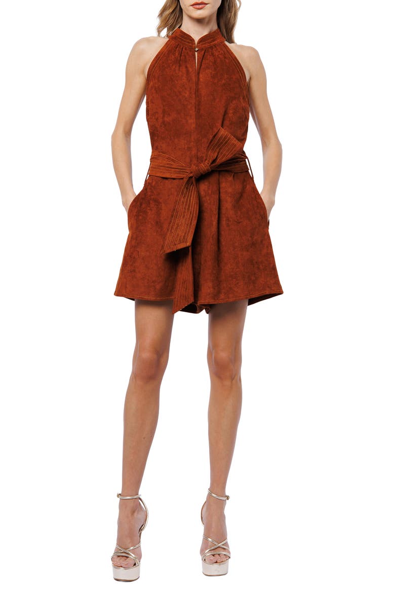 Louise Tie Waist Faux Suede Romper, Alternate, color, BROWN