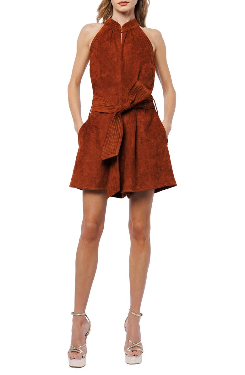 CIEBON Louise Tie Waist Faux Suede Romper, Alternate, color, Brown