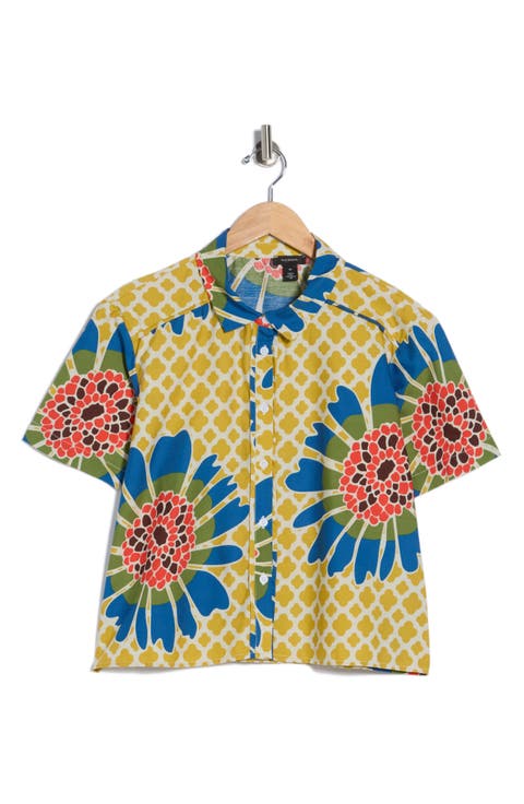 Floral Print Short Sleeve Cotton Button-Up Shirt