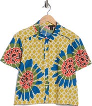 Halogen® Floral Print Short Sleeve Cotton Button-Up Shirt