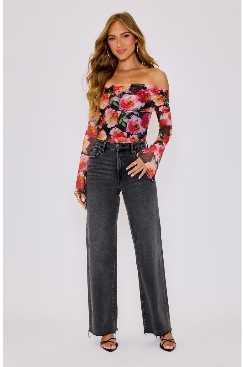 Nikki Floral Print Off the Shoulder Mesh Top, Alternate, color, BLACK FLORAL