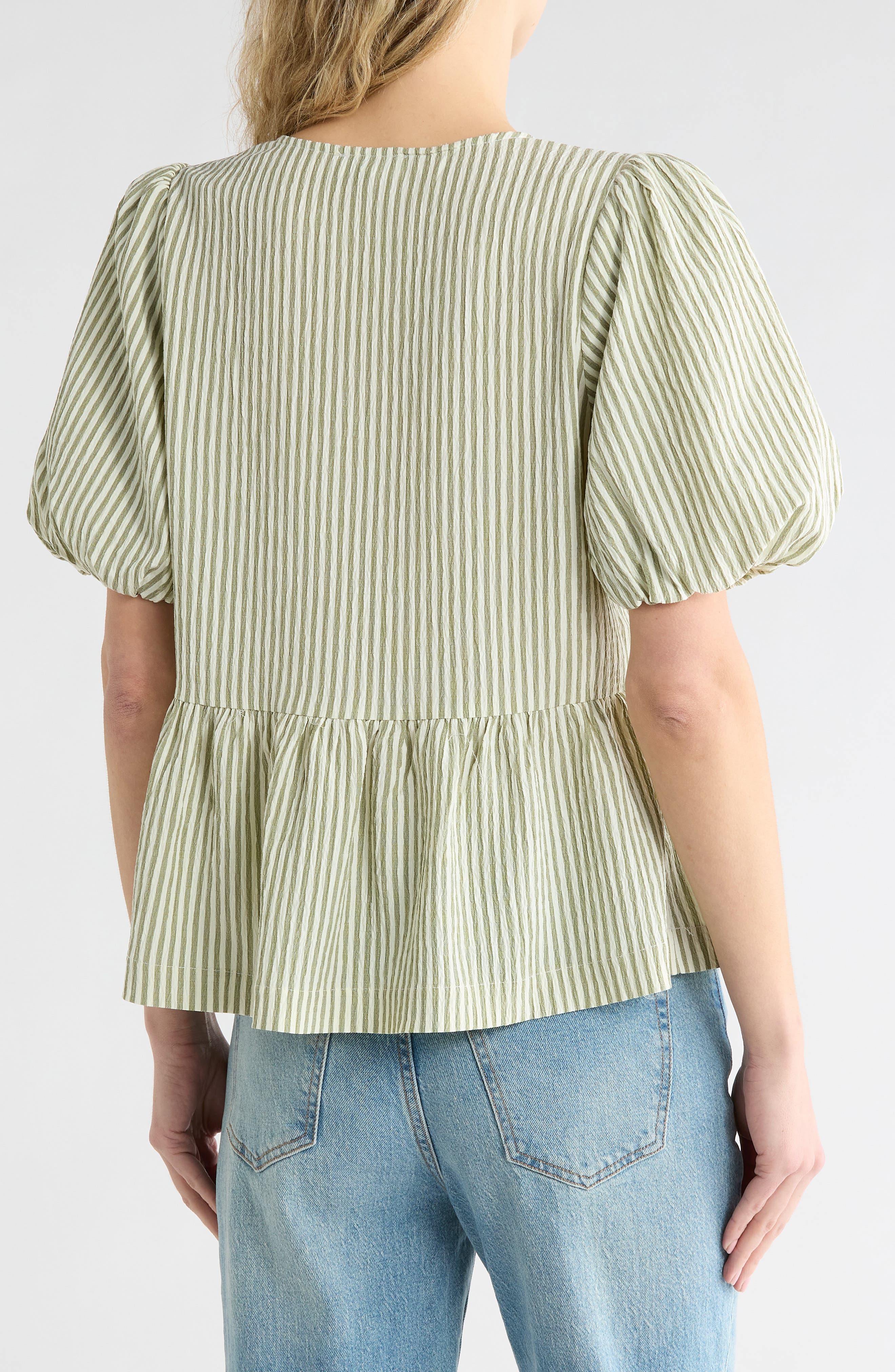 Bow Short Sleeve Seersucker Peplum Top - image 2
