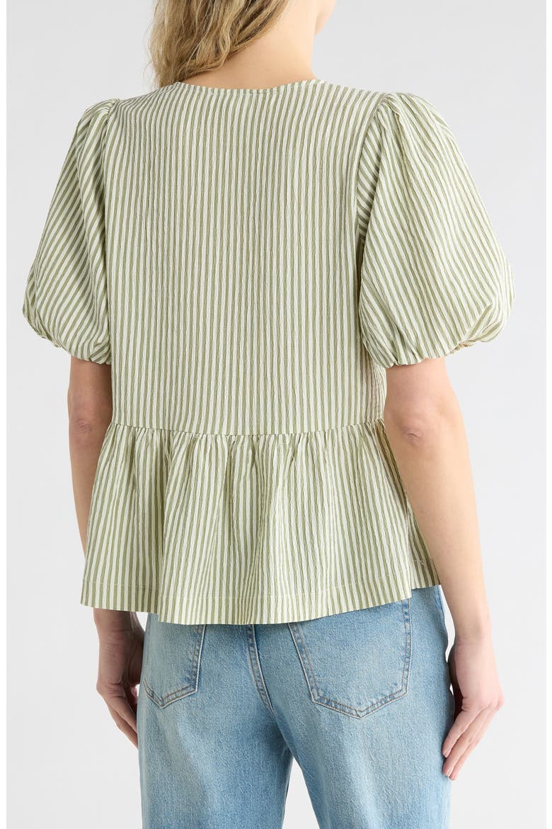 Bow Short Sleeve Seersucker Peplum Top, Alternate, color, GREEN IVORY