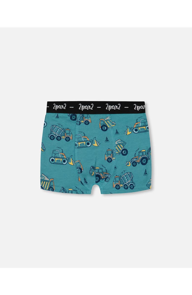 Deux par Deux Boy's Printed Organic Cotton Boxer Shorts Teal With Yellow Truck, Main, color, Teal With Yellow Truck