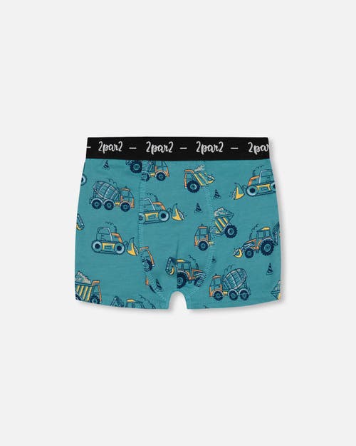 Deux Par Deux Boy's Printed Organic Cotton Boxer Shorts Teal With Yellow Truck In Teal With Yellow Truck