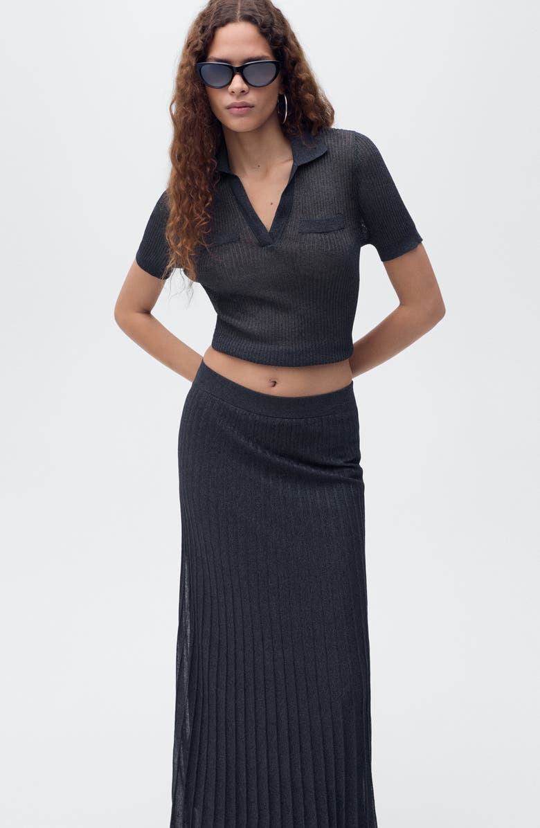 MANGO Metallic Knit Pleated Skirt, Alternate, color, Navy