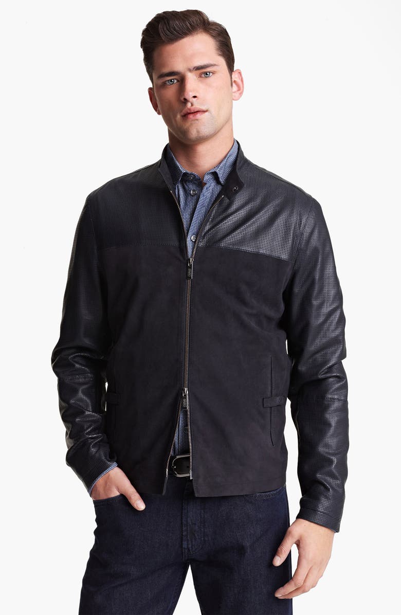 Emporio Armani Armani Collezioni Perforated Lambskin Leather Jacket, Main, color, 