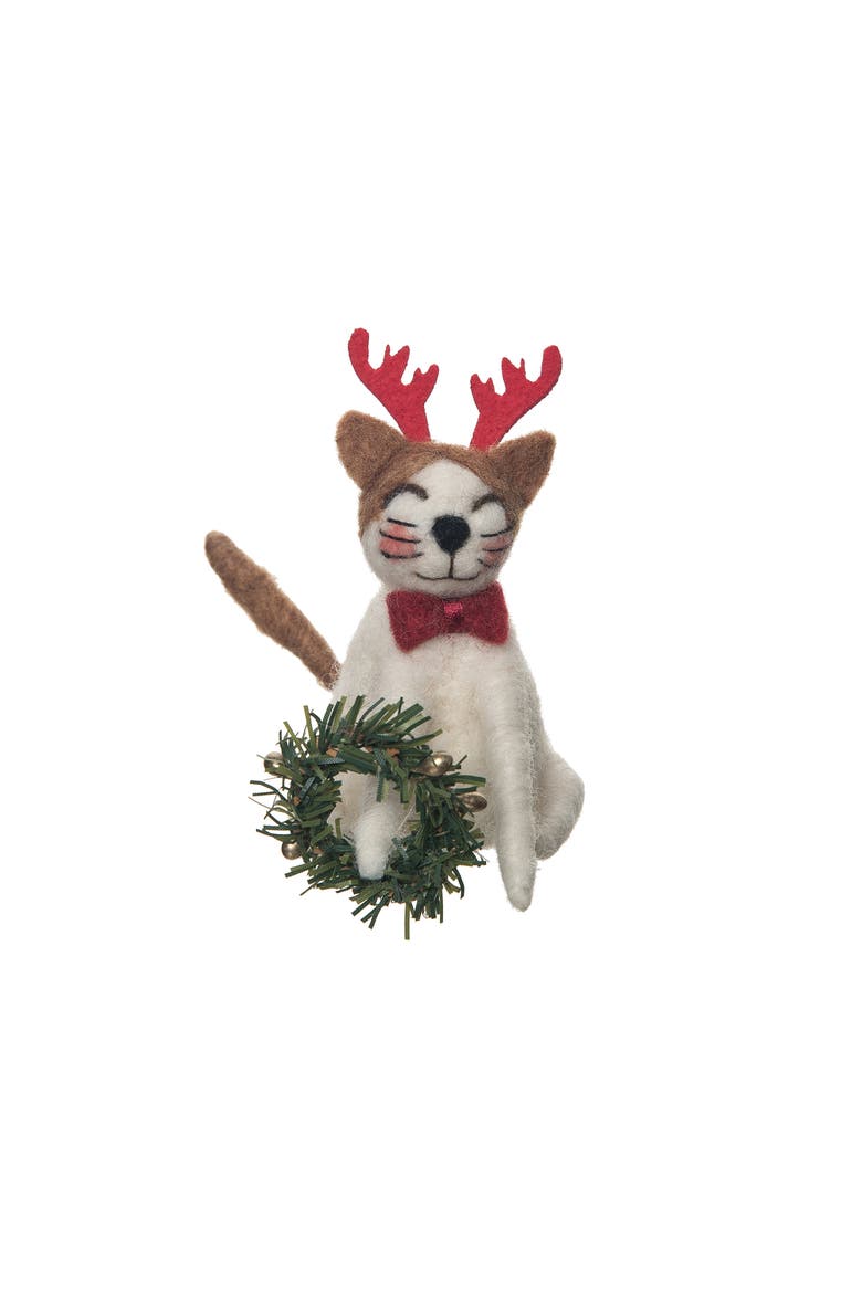 Cat Reindeer W/wreath Figurine, Alternate, color, White