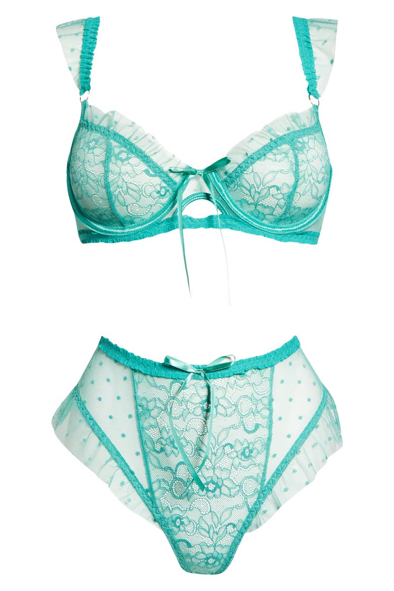 Ruffle Dotted Mesh & Lace Underwire Bra & Panties Set, Alternate, color, GREEN