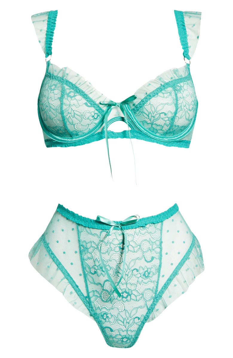 Hauty Ruffle Dotted Mesh & Lace Underwire Bra & Panties Set, Alternate, color, Green