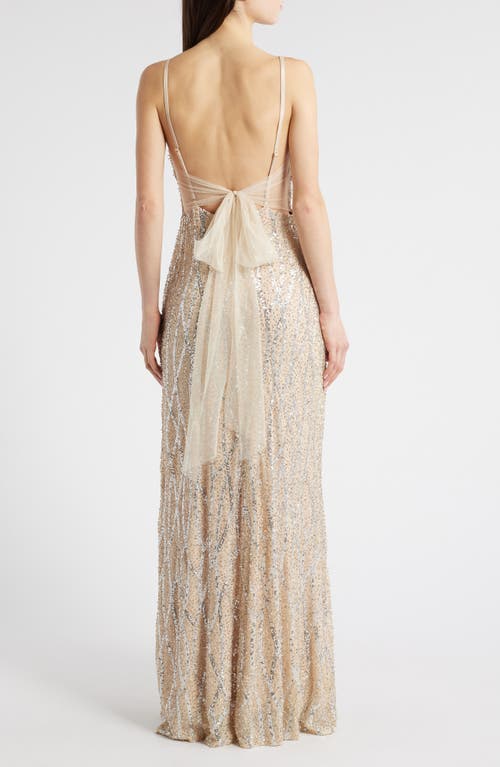 Jump Apparel Sequin & Bead Tie Back Gown In Beige