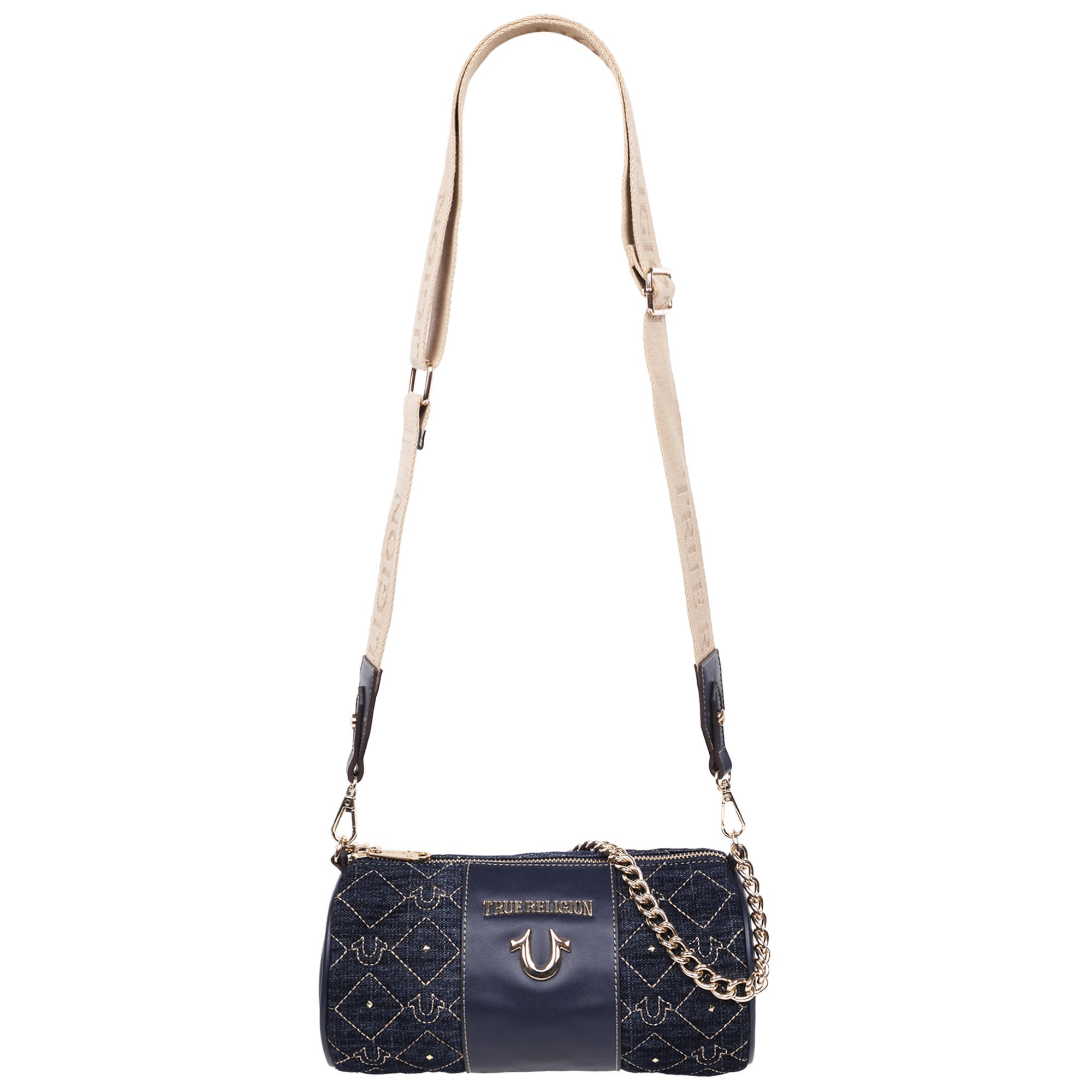 True Religion Studded Denim Zip Top Barrel Bag, Alternate, color, Dark Denim