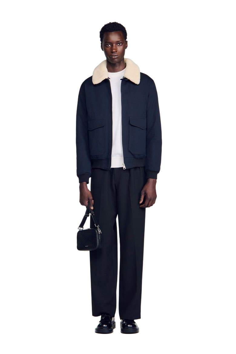 Shearling collar aviator jacket, Main, color, Navy blue