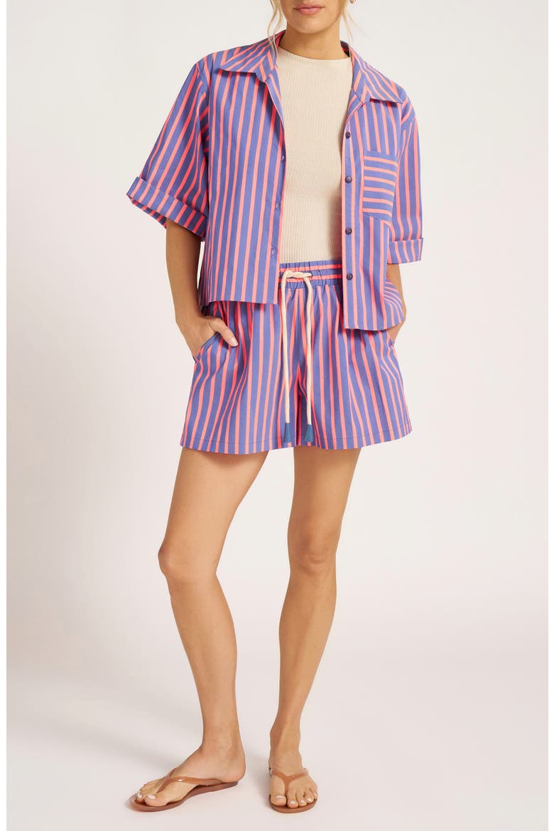 Kira Stripe Cotton Blend Drawstring Shorts, Alternate, color, FLAMINGO/ BLUE