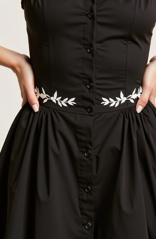 MODENAIRE MODENAIRE EMBROIDERED WAIST BUTTON-FRONT HALTER MINI DRESS WITH SMOCKED OPEN BACK