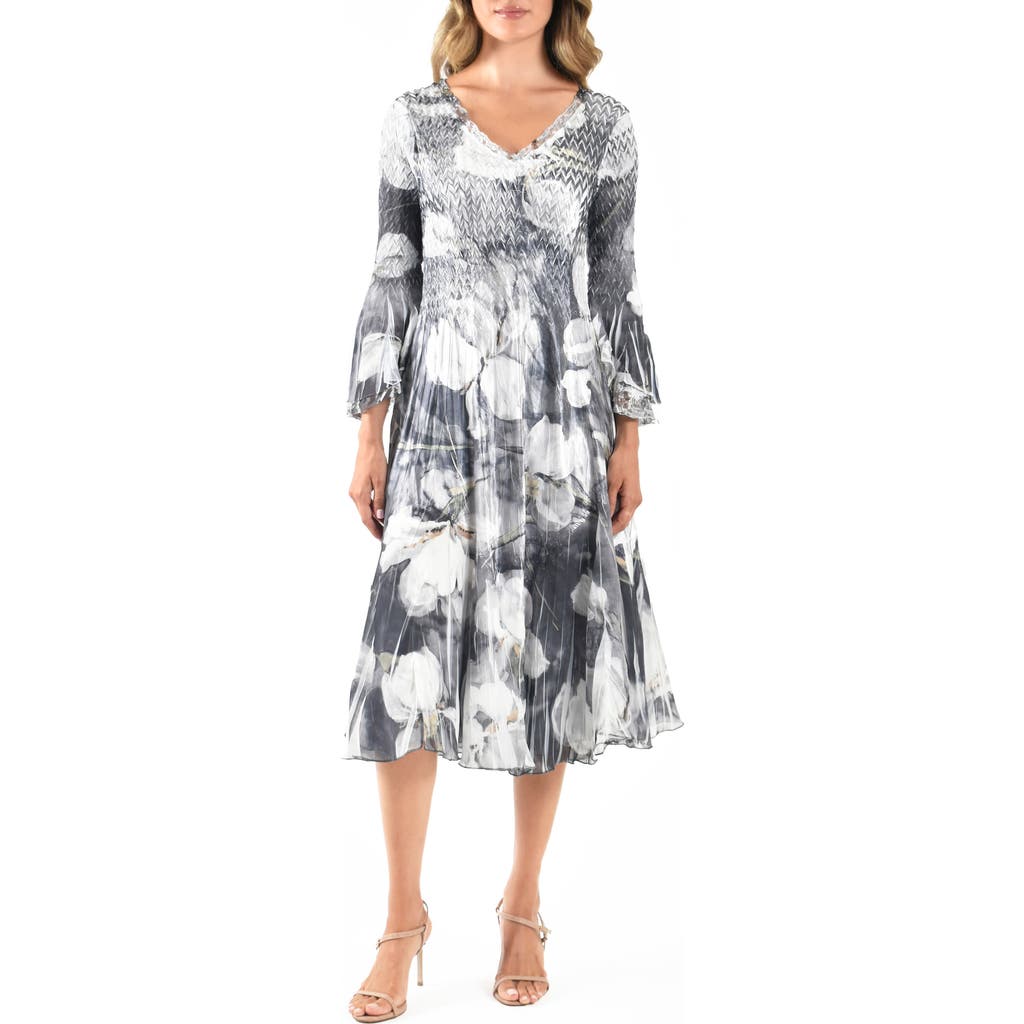 Komarov Bell Sleeve Charmeuse & Chiffon Cocktail Dress in Midnight Magnolia