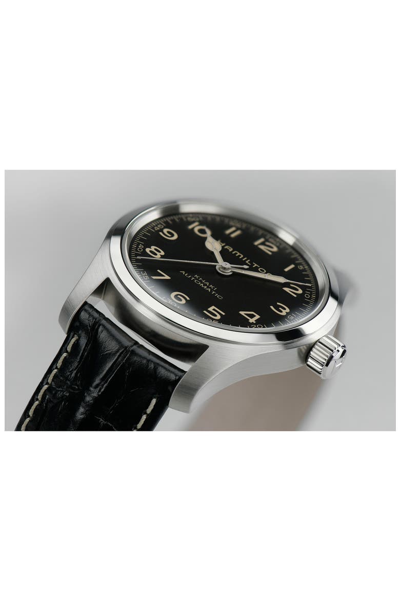 Khaki Field Automatic Leather Strap Watch, 42mm, Alternate, color, BLACK