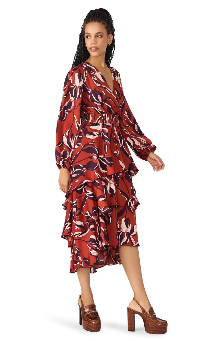 Steve Madden Bei Floral Long Sleeve Tiered High-Low Dress, Alternate, color, Duberry