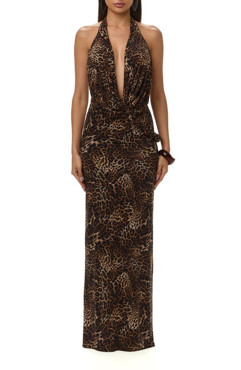 Deep Plunge Draped Leopard Print Maxi Dress