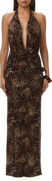 Naked Wardrobe Deep Plunge Draped Leopard Print Maxi Dress