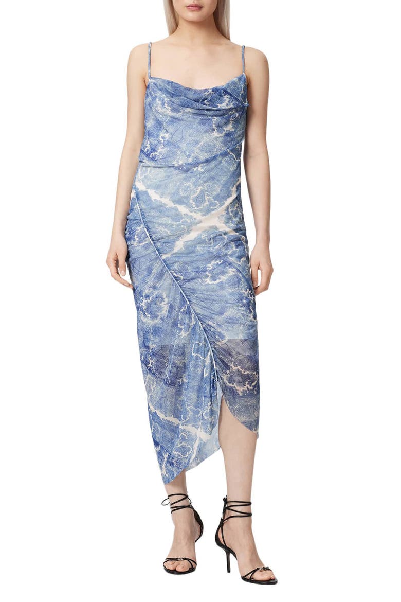 Ulla Paisley Print Ruched Asymmetric Hem Midi Dress, Main, color, JOANNE BLUE