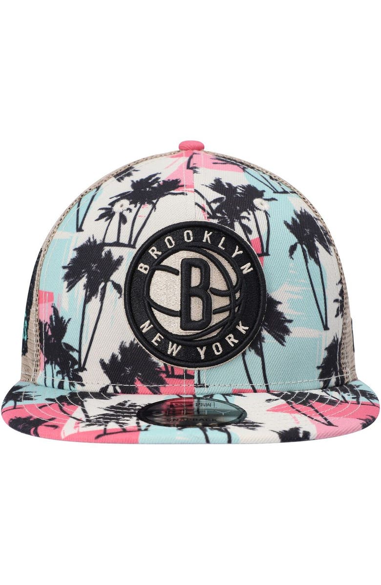 New Era Men's New Era Cream Brooklyn Nets Palm Trees 9FIFTY Trucker Snapback Hat, Alternate, color, 