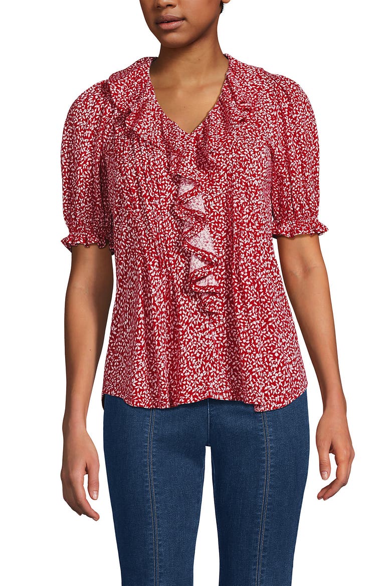 Puff Sleeve Slub Ruffle Pintuck Top, Main, color, Red Ditsy Floral