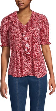 Lands' End Puff Sleeve Slub Ruffle Pintuck Top