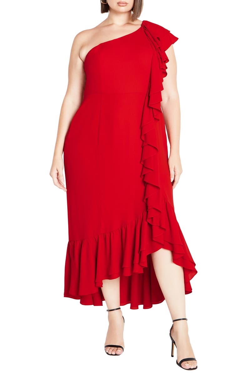 City Chic Izabela One-Shoulder Ruffle Maxi Dress, Main, color, Tango Red