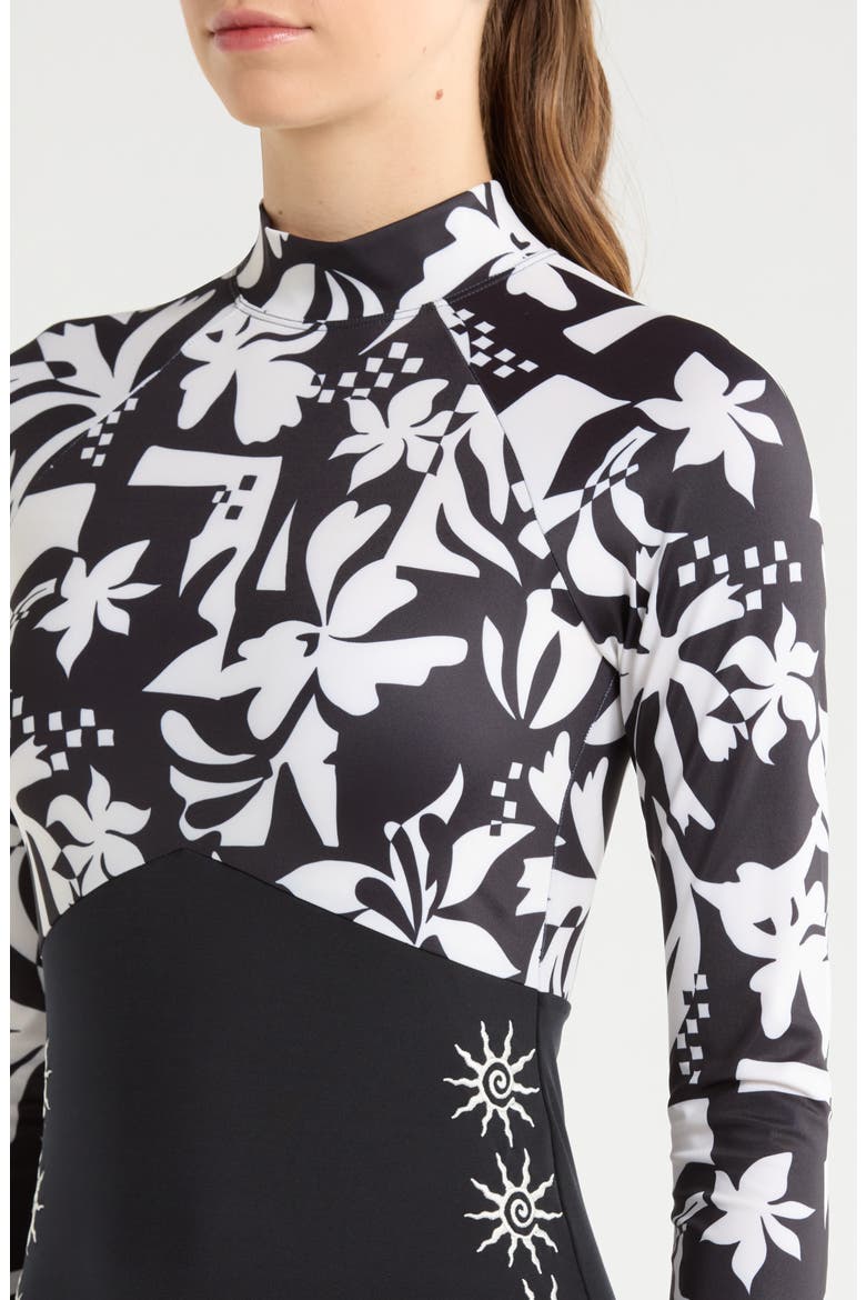 Topanga Geometric Print Embroidered Long Sleeve One-Piece Rashguard Swimsuit, Alternate, color, BLACK