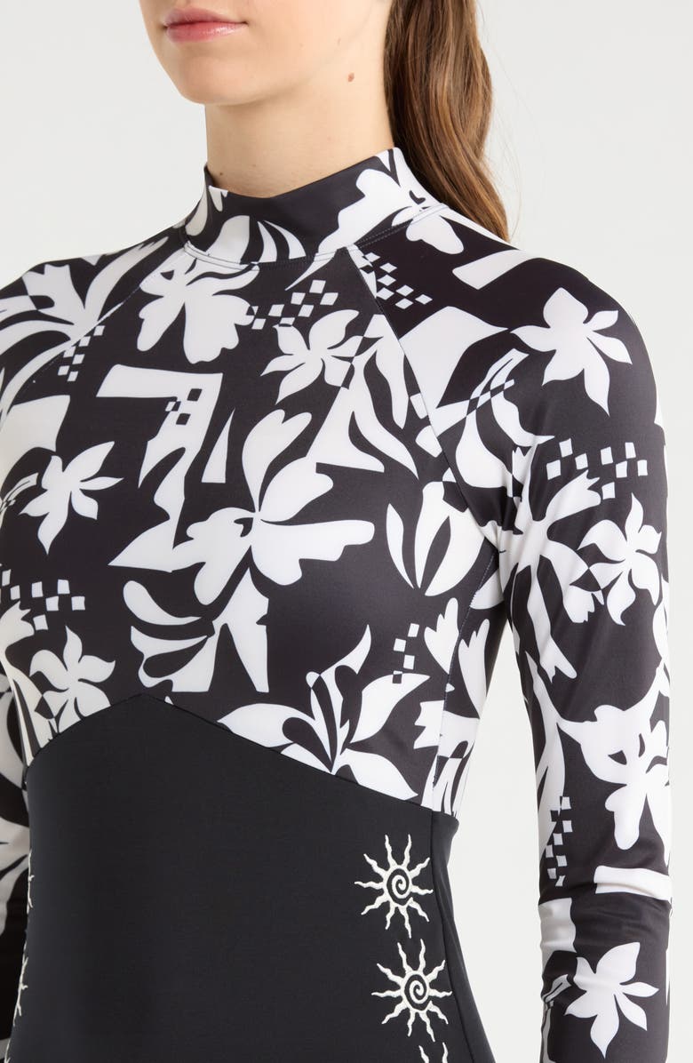 Rip Curl Topanga Geometric Print Embroidered Long Sleeve One-Piece Rashguard Swimsuit, Alternate, color, Black