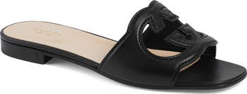 【GUCCI 】Interlocking G Cut-Out Flip-Flop Sandals BLACK Interlocking G cutout leather sandals in black - Gucci