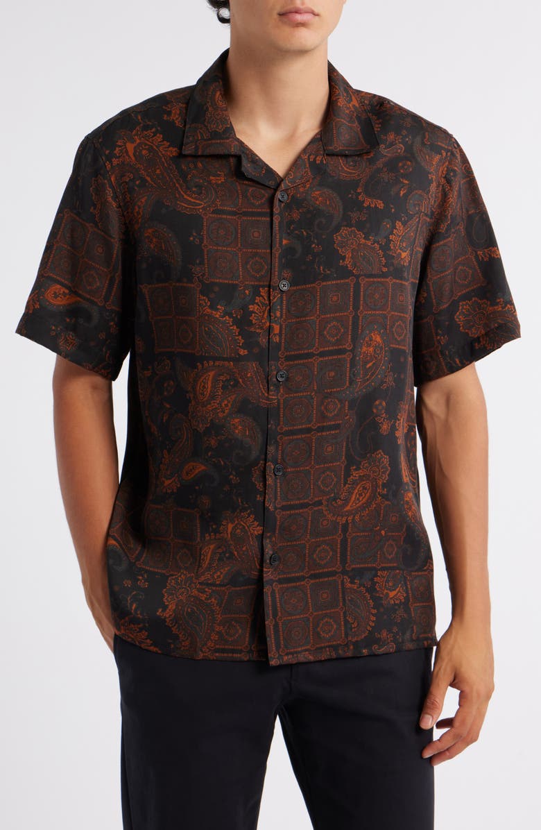 Wax London Didicot Geo & Paisley Print Lyocell Camp Shirt, Main, color, Black / Brown