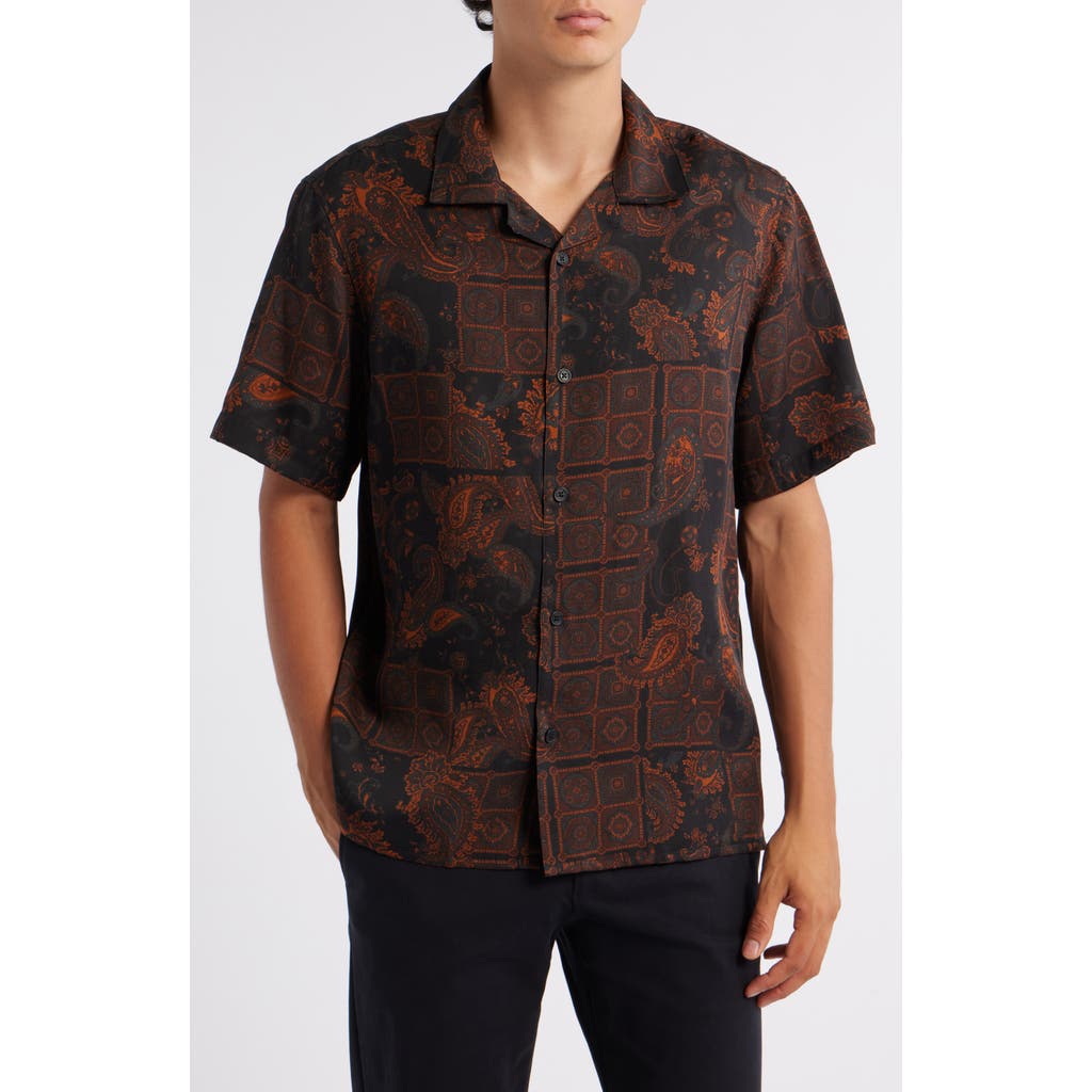Wax London Didicot Geo & Paisley Print Lyocell Camp Shirt in Black /Brown  product
