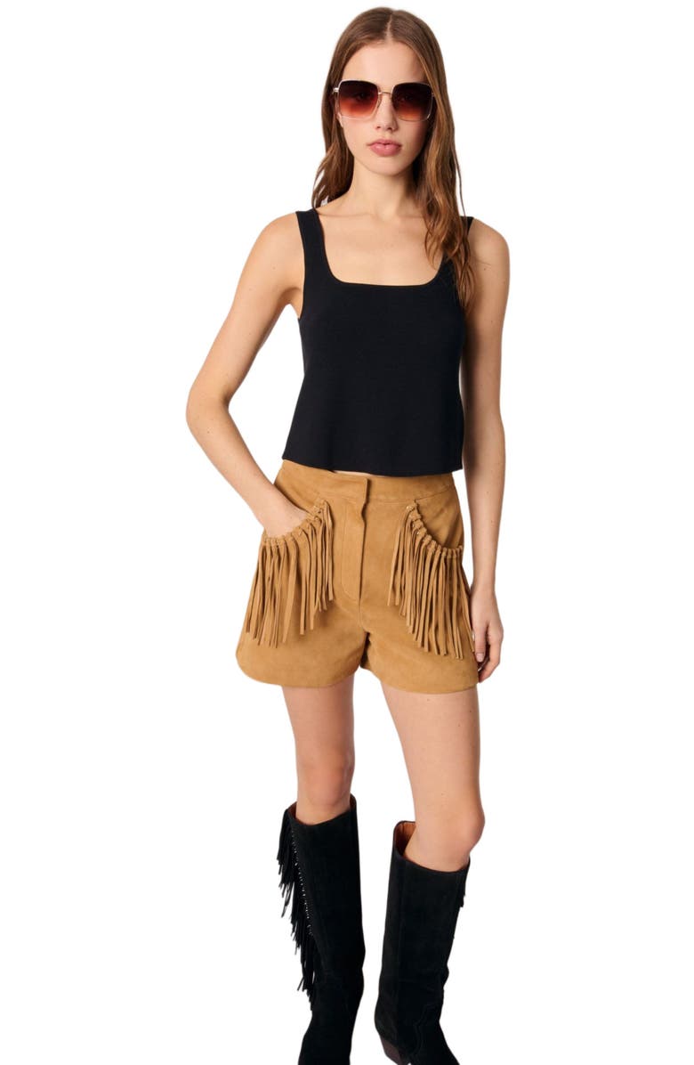maje Fringed leather shorts, Alternate, color, 