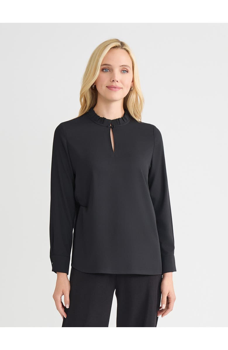 Misook Ruffle Neck Keyhole Crepe de Chine Blouse, Main, color, Black