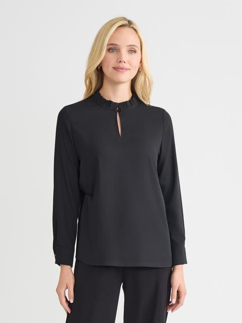 Ruffle Neck Keyhole Crepe de Chine Blouse