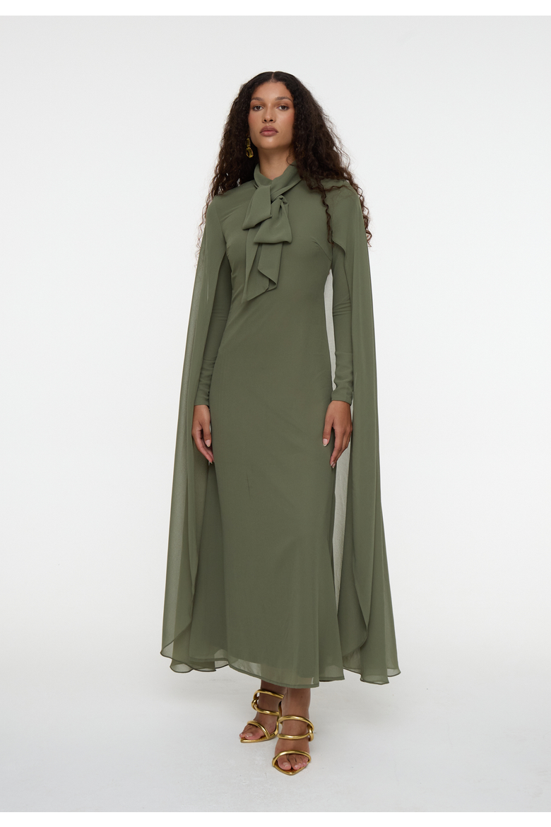 Modest Chiffon Dress Maxi With Cape Style and Bow, Main, color, OLIVE