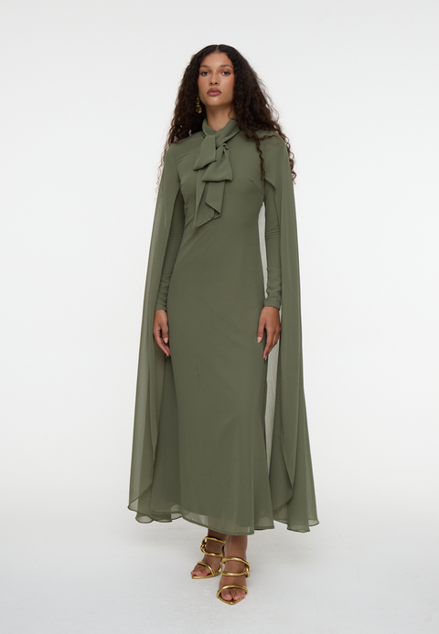 Modest Chiffon Dress Maxi With Cape Style and Bow