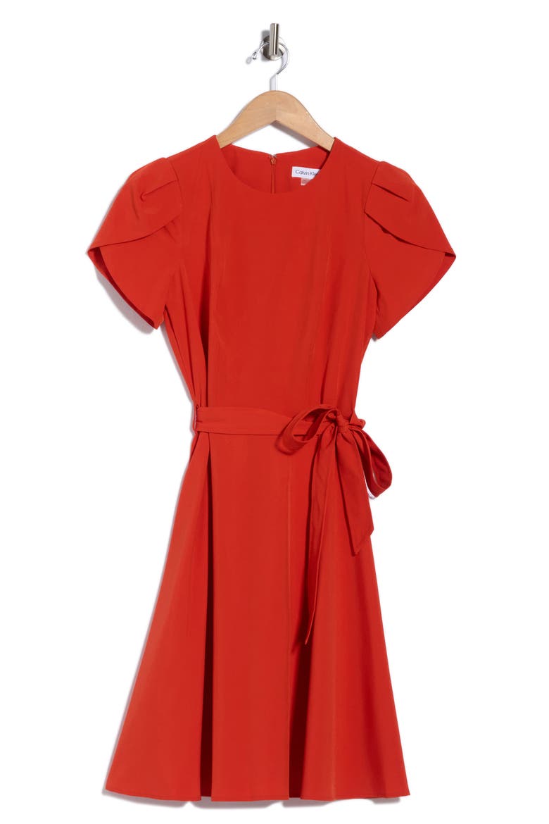 Belted Pleated A Line Dress, Main, color, CLAY