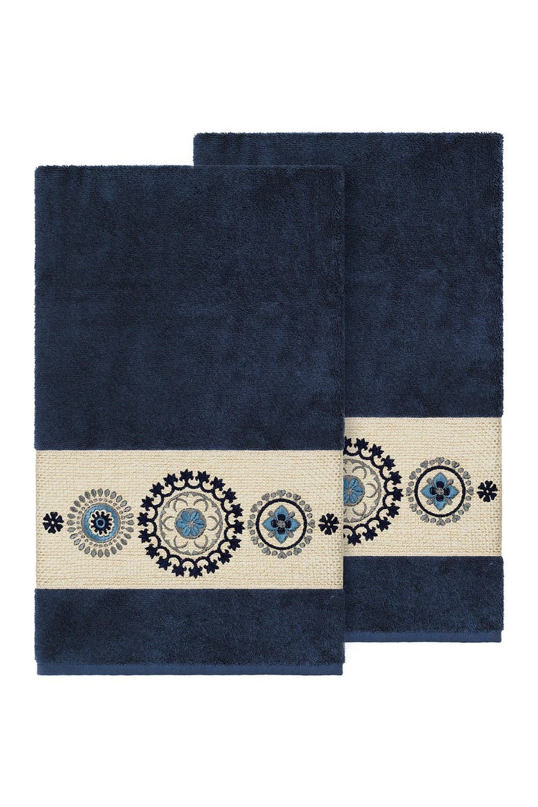Turkish Cotton Geometric Design Bath Towel - Midnight Blue - Set of 2, Alternate, color, MIDNIGHT BLUE